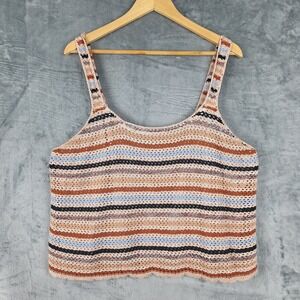 Womens Crochet Top 2X Crochet Knit Boho Hippie Indie Striped Earthy Tank‎ Cami